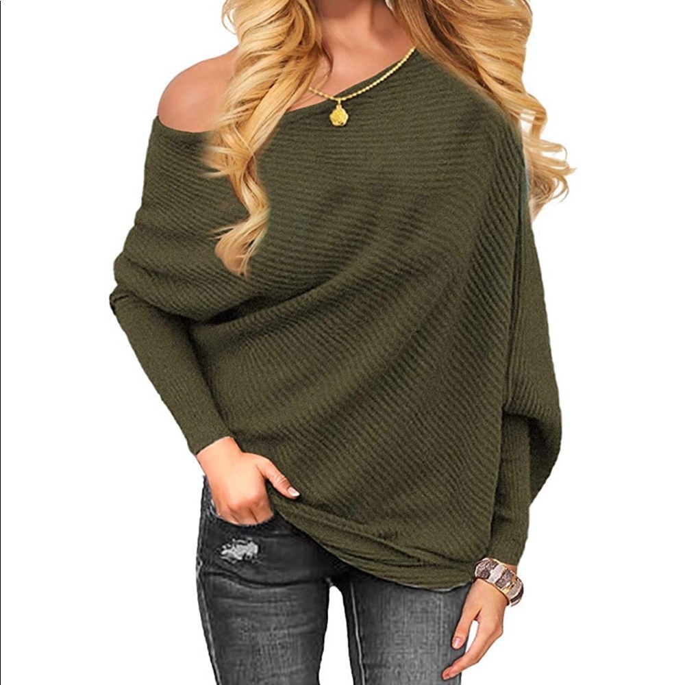 Off shoulder ribbed knit bat wing sweater green